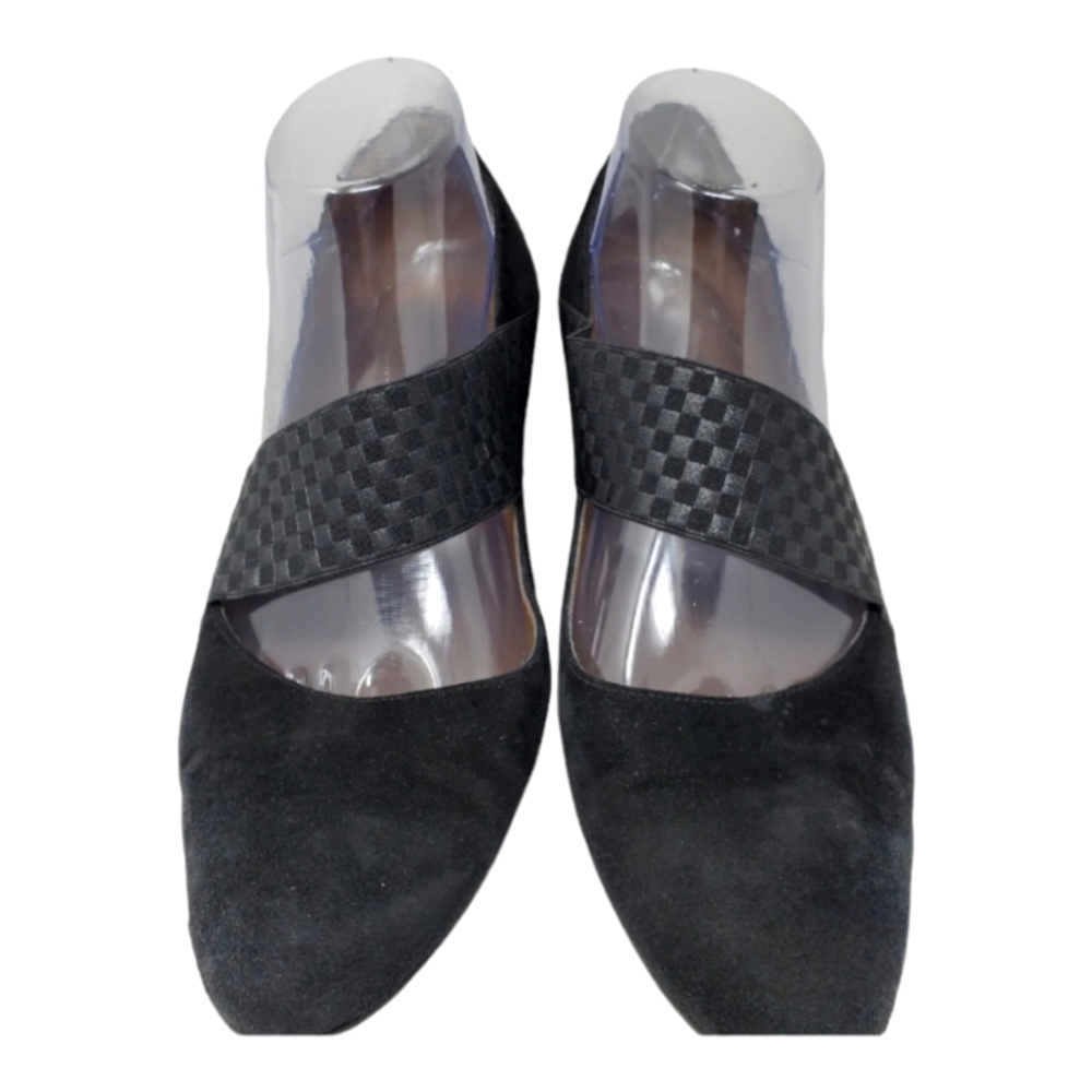 Anyi Lu Katia Black Wedge Shoes Size 38.5 Suede Strap Almond Toe Comfort Heels